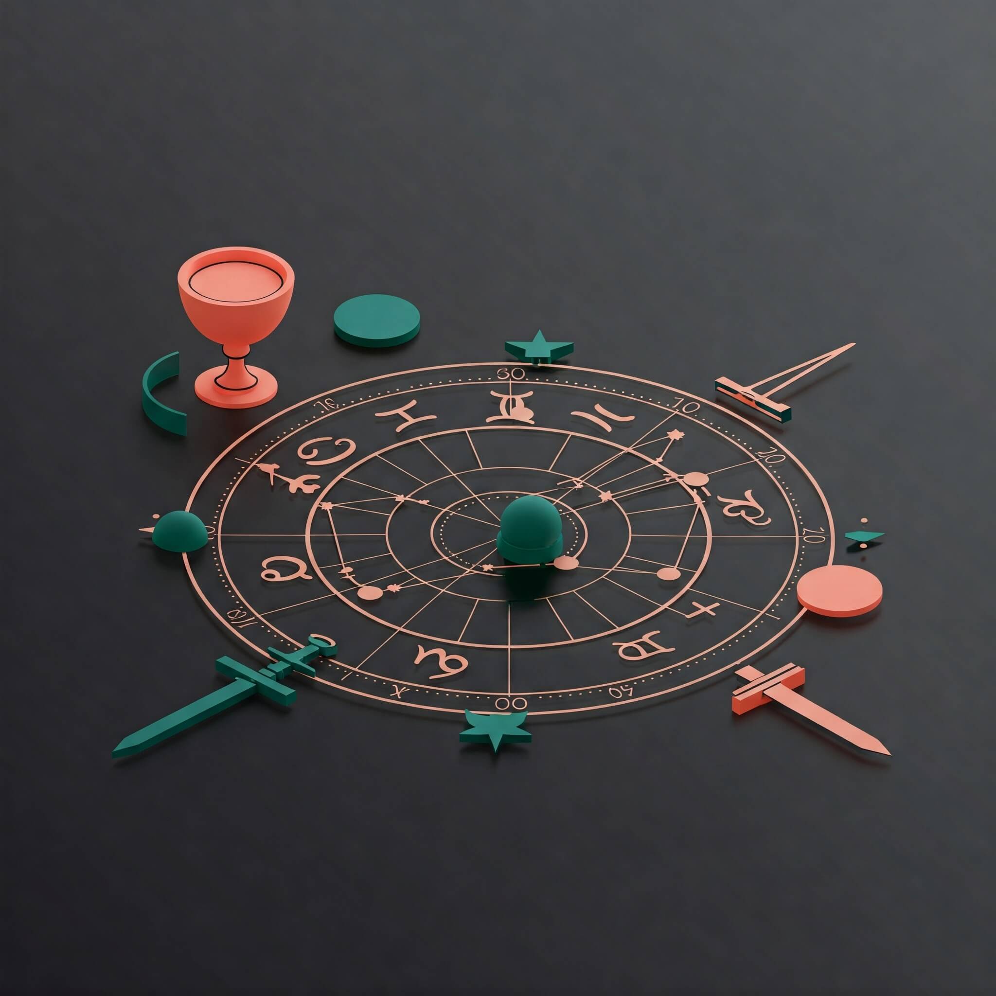 Abstrakte Astrologie-Karte mit Tarot-Symbolen in Emerald-Grün und Koralle