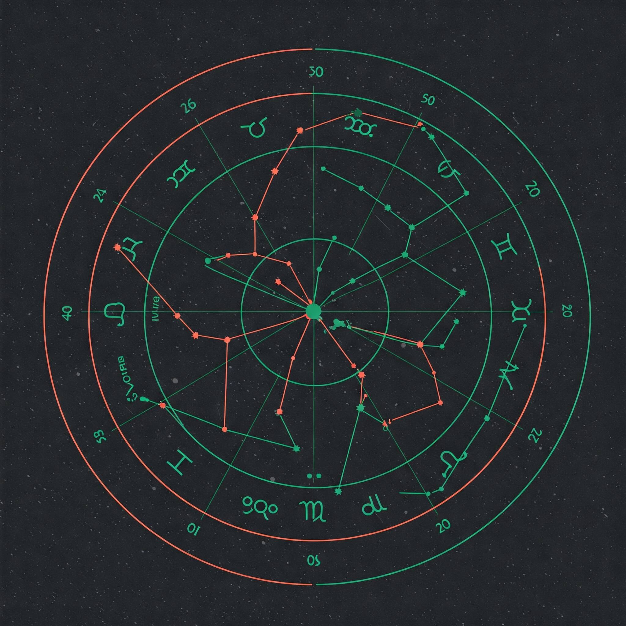 Abstrakte Astrologie-Karte mit zarten Linien in Dunkelgrau, akzentuiert mit Emerald-Grün und Koralle